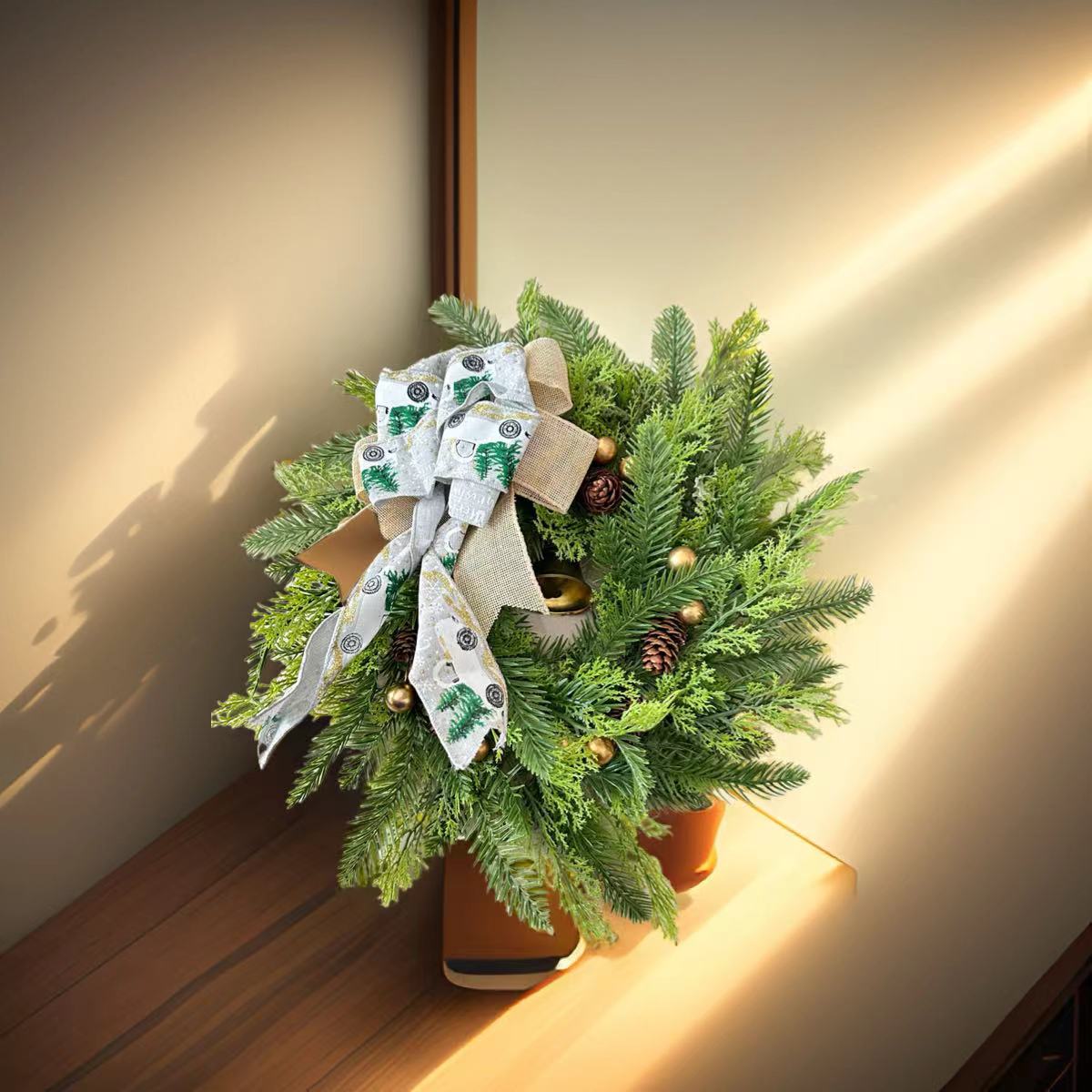 跨境独立站圣诞松果铃铛藤条花环圣诞门挂乡村花环圣诞节日装饰品