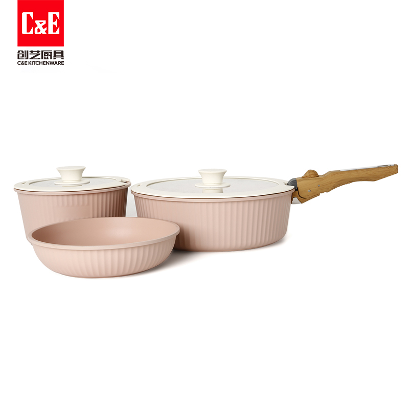 C&E Creative Cookware 6-piece detachable stackable pan set, detachable handle flat-bottomed frying and stir-frying pan, milk pan, non-stick cookware, home gift
