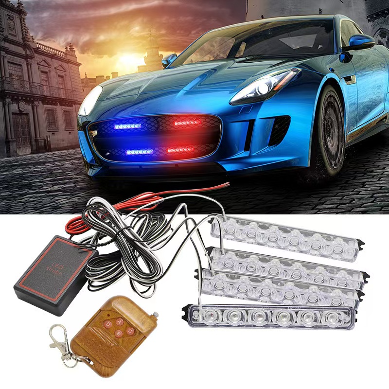 Car LED flashing lights, one-to-four warning lights, taillights, grille lights, red and blue flashing, wireless remote control Specification image