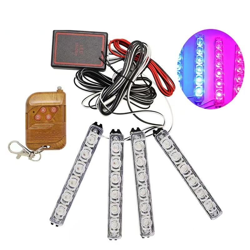Car LED flashing lights, one-to-four warning lights, taillights, grille lights, red and blue flashing, wireless remote control details Picture