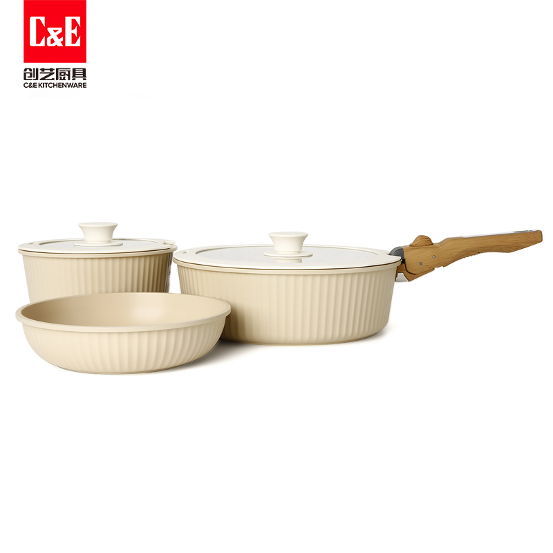 C&E Creative Cookware 6-piece detachable stackable pan set, detachable handle flat-bottomed frying and stir-frying pan, milk pan, non-stick cookware, home gift pic 4