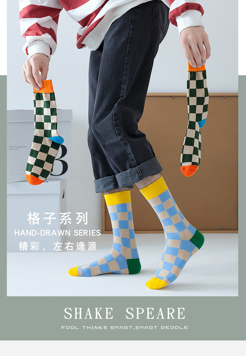 跨境秋冬新款袜子女 亚马逊欧美ins方格成人潮袜现货批发详情2