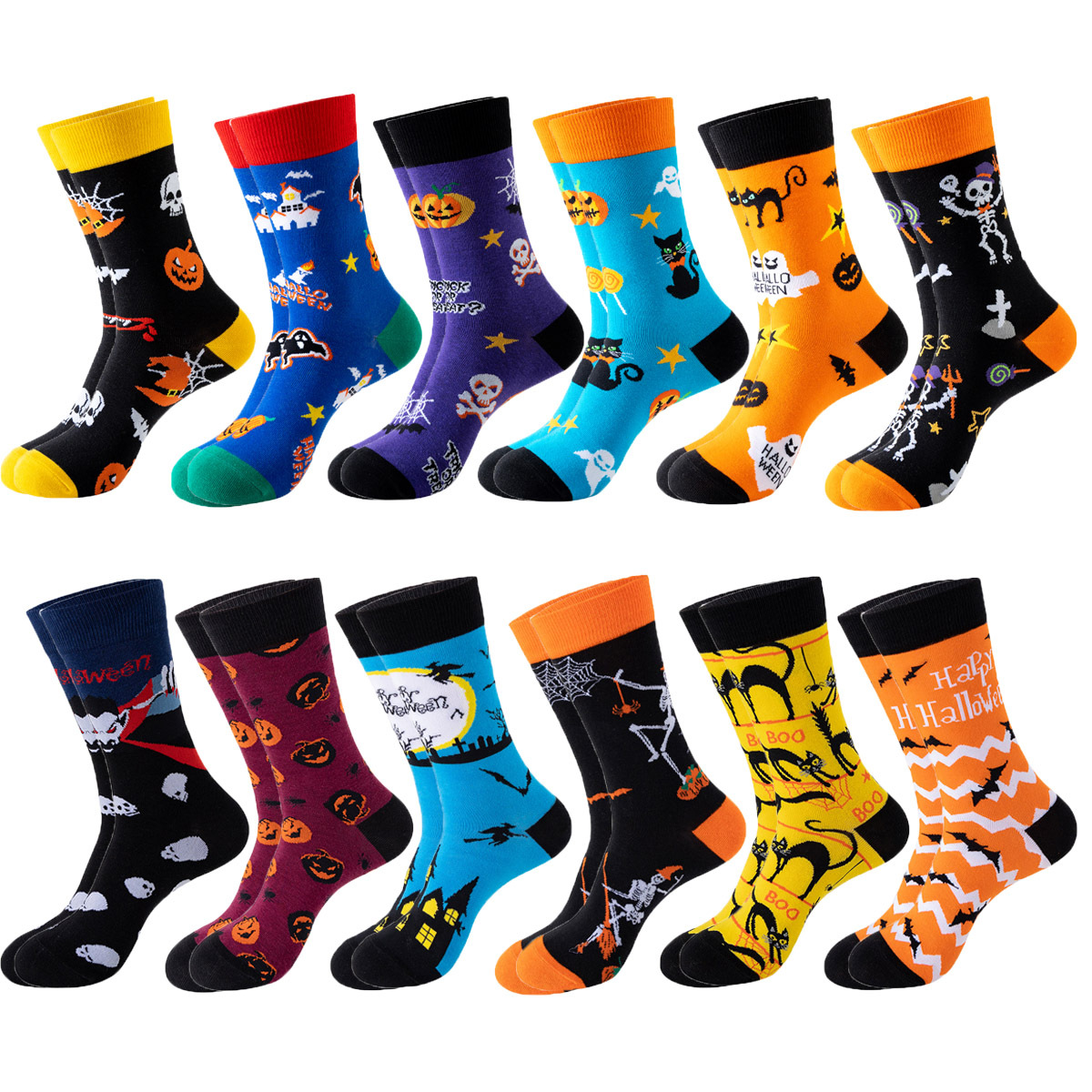 New trendy mid-calf women's Halloween socks: Skull, vampire, pumpkin, bat, and funny men's socks