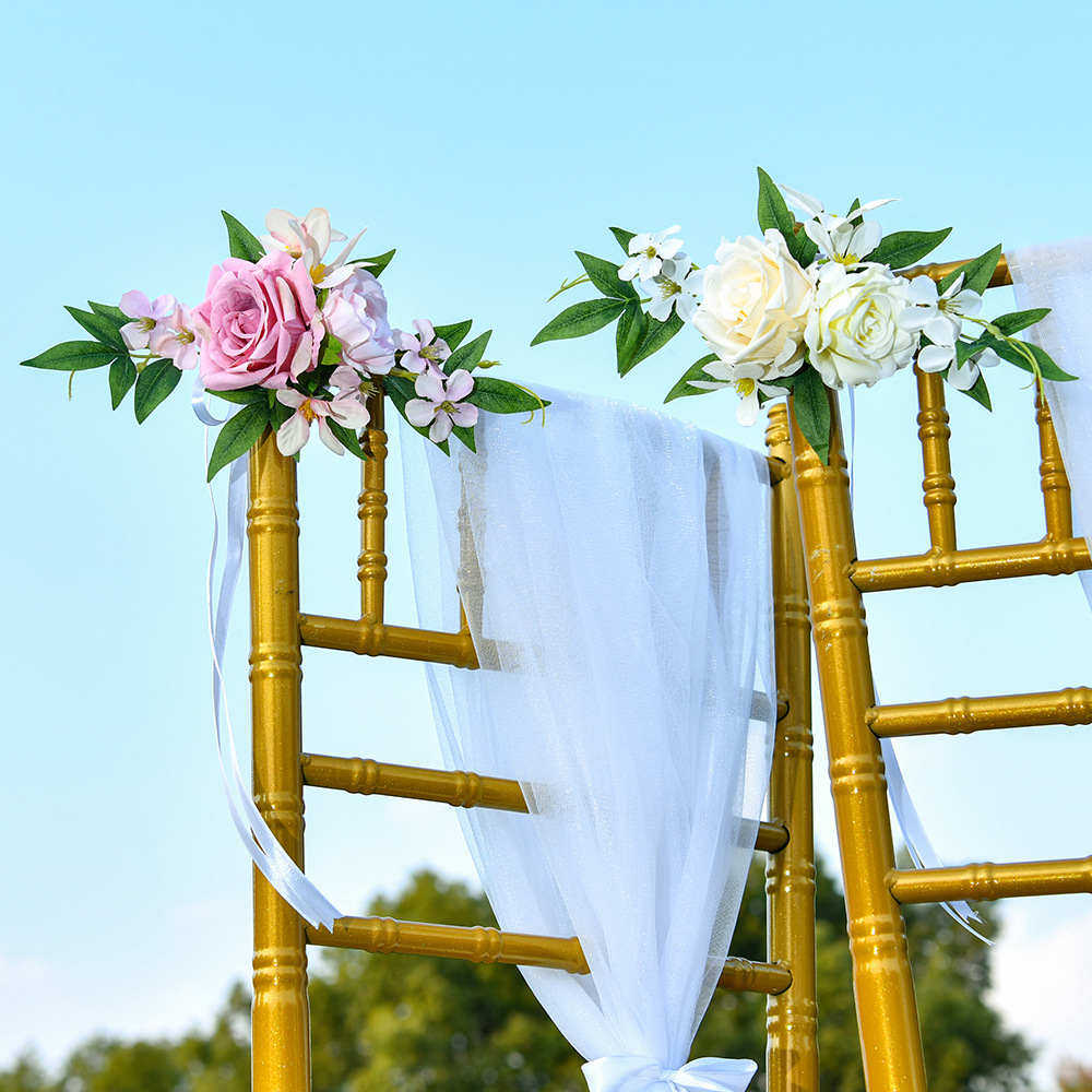 Nordic outdoor wedding decoration: chair back flower bouquets, forest-themed artificial flowers, wedding photography props, chair back corsflowers, bride's jewelry, bridesmaids