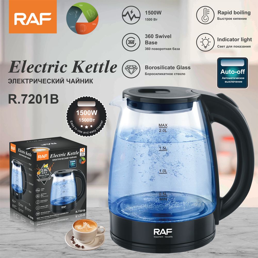 RAF European and American cross-border visible high borosilicate glass kettle, automatic power-off boiling kettle, electric kettle, high power 2L details Picture