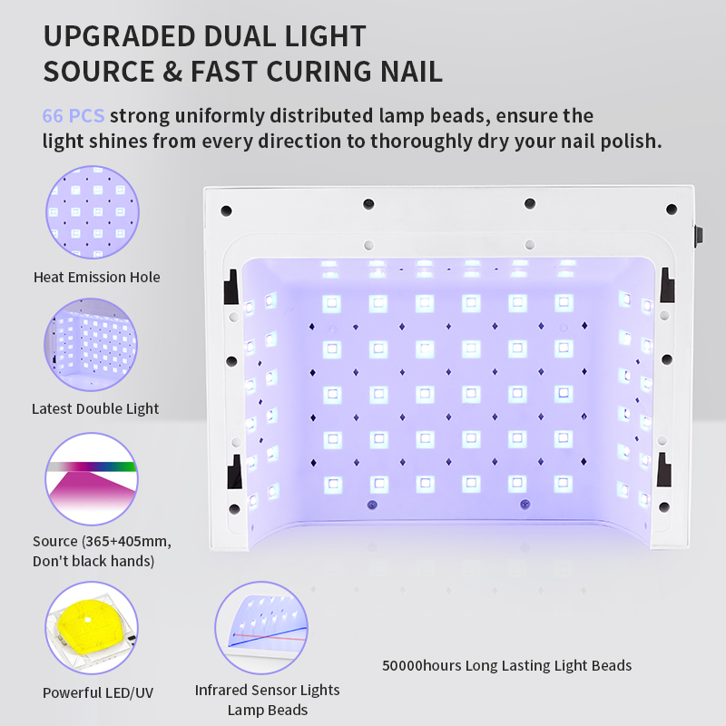 The new 280W high-power battery-powered nail art two-hand lamp features a large space for diamond mounting, touch screen display, and intelligent sensing, specifically designed for wearable nails full figure