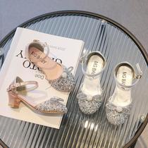 princess shoes for girls korean style children's crystal shoes 2024 new high heel pumps middle and big children's closed toe dance sandals fashion