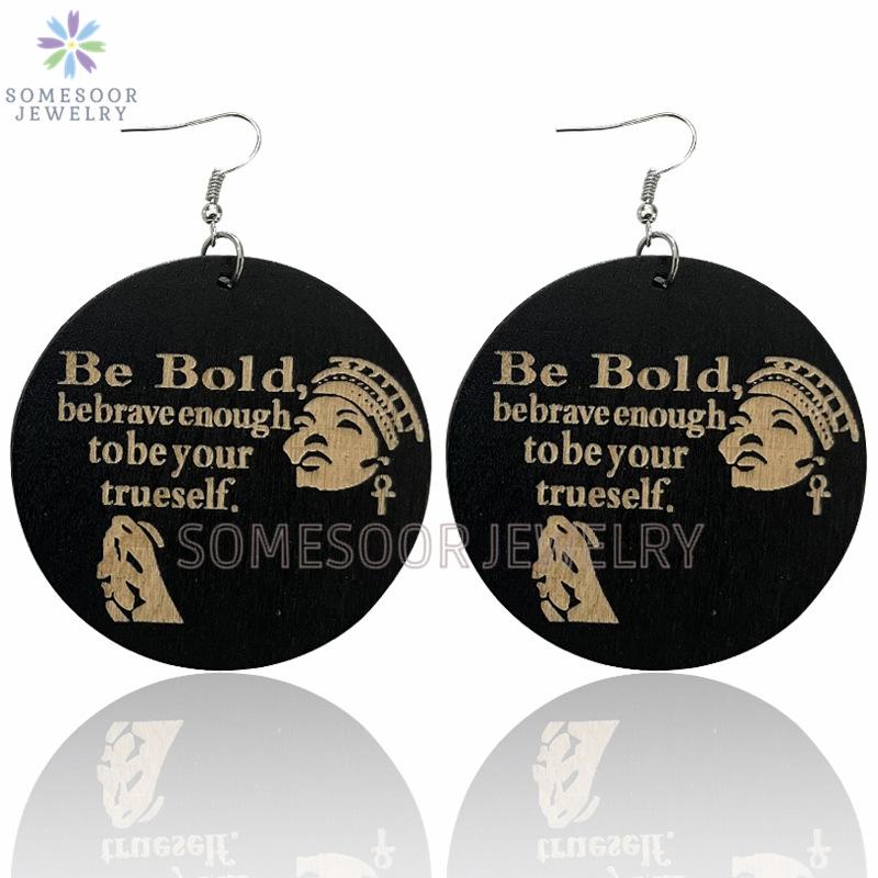trendy fashion jewelry laser engraving cutting wood earrings lettering english head african wooden earrings