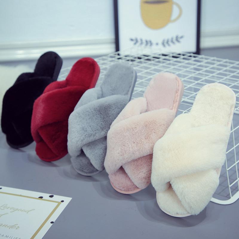 cross fluffy slippers women's winter foreign trade amazon plus size indoor plush flat floor slippers open toe warm cotton slippers