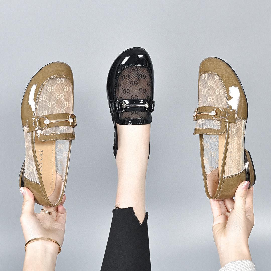 round head mesh shoes female 2024 spring new metal buckle flat loafers slip-on patent cowhide shoes for four seasons