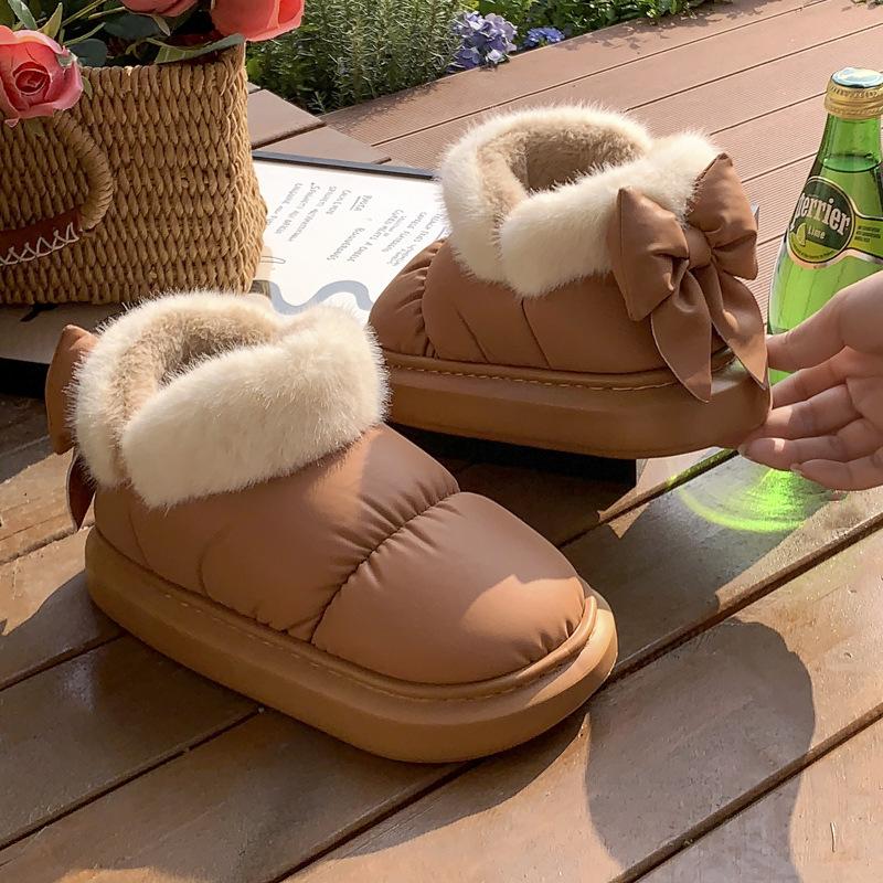 bow cotton slippers women's winter bag heel cotton-padded shoes with velvet 2023 new ins girly style warm slugged bottom outer wear