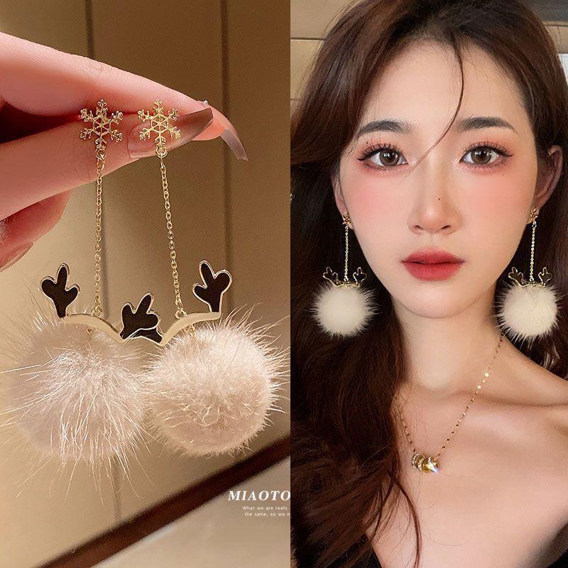 autumn and winter plush earrings snowflake elk fur ball earrings for women slimming earrings unique design ear studs