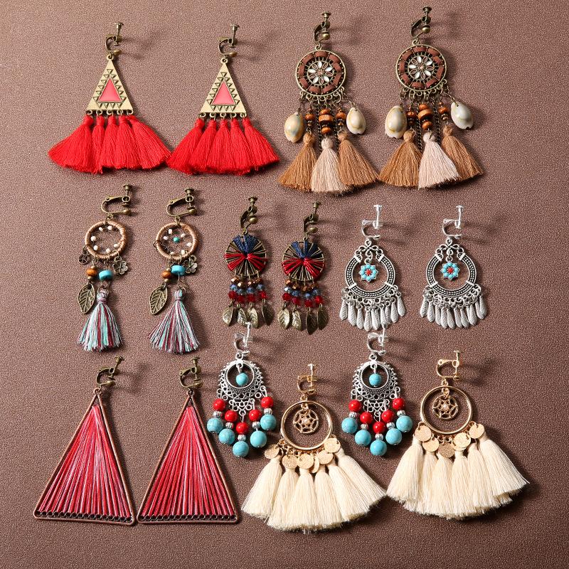 spiral painless ear clip women's ethnic style retro long tassel earrings bohemian earrings without piercing ear rings