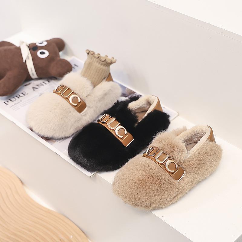 children's metal letters stylish fur shoes 2024 winter top toddler children teens adult parent-child shoes warm doug shoes
