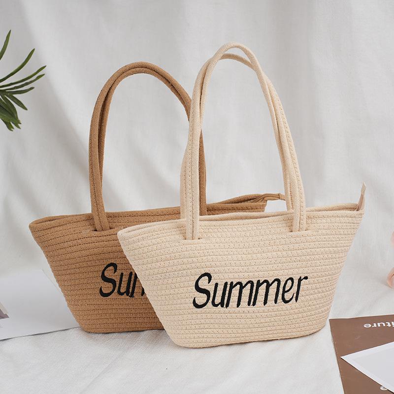 Korean Style Ins Style Fashion Cotton String Woven Shoulder Bag New Cotton String Handbag Women's Bag Vacation Beach Bag