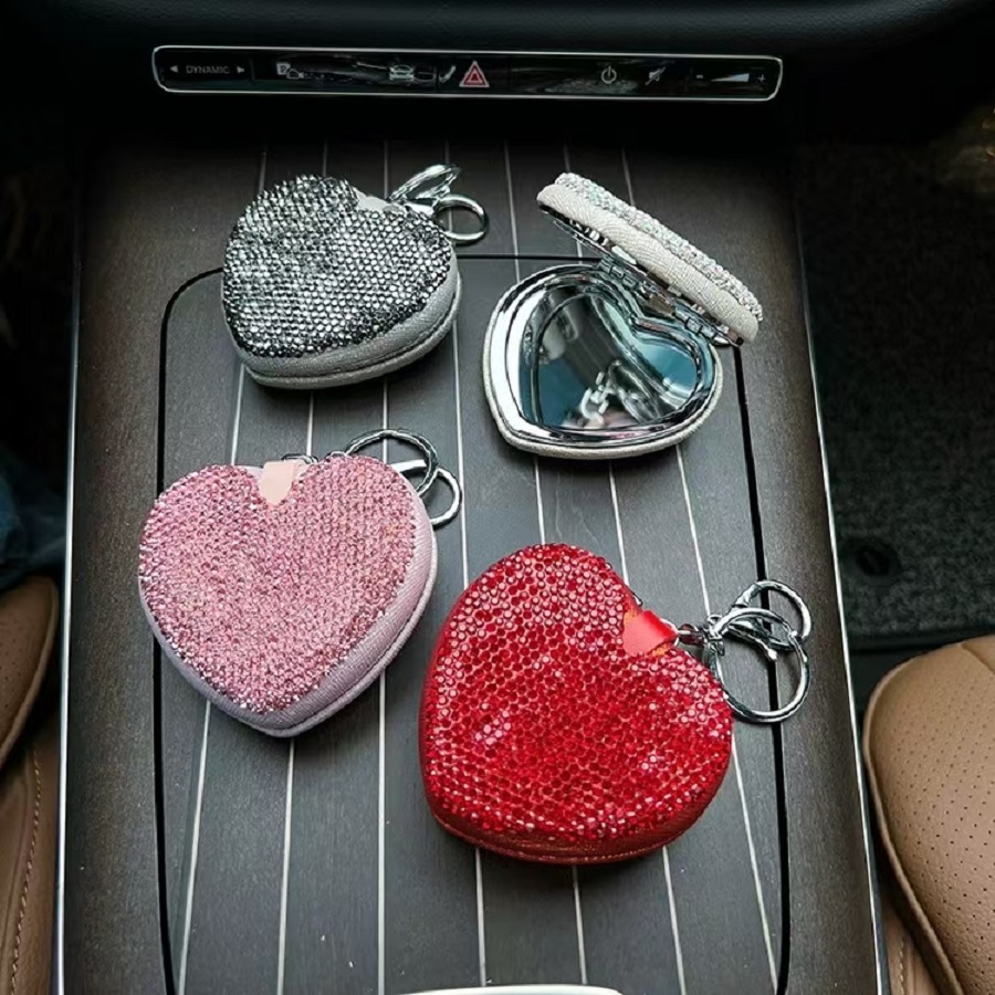 巽恩饰品jz002创意陶泥镶钻爱心镜子钥匙扣便携折叠化妆镜汽车钥匙链包包挂件
