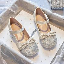 high heel princess shoes for girls spring and autumn 2024 new little girl leather shoes dress soft bottom children crystal shoes pumps