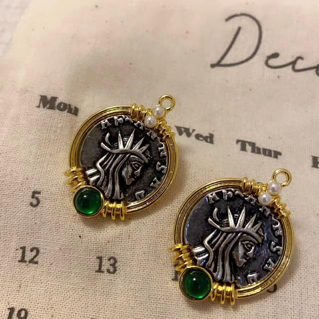 925 Silver Needle French Retro Earrings Antique Coin Series Green Opal Stone Ear Studs Fashion Artistic Women's Embossed Earrings