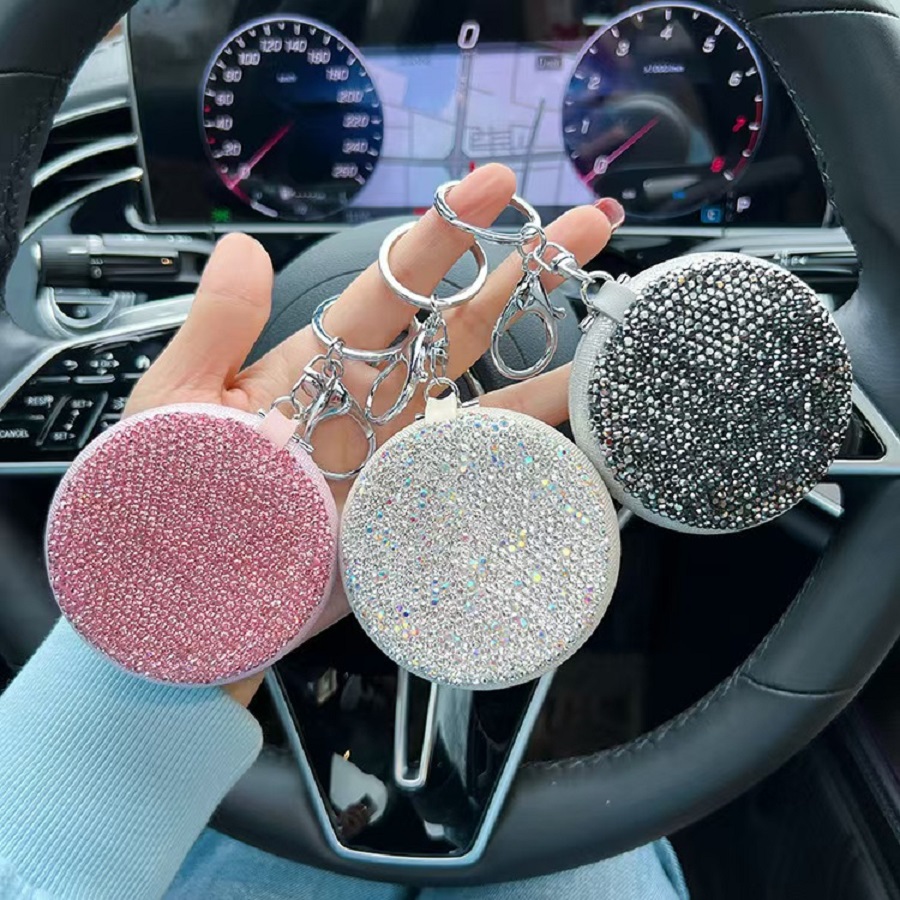 巽恩饰品jz003创意陶泥镶钻圆镜子钥匙扣便携折叠化妆镜汽车钥匙链包包挂件