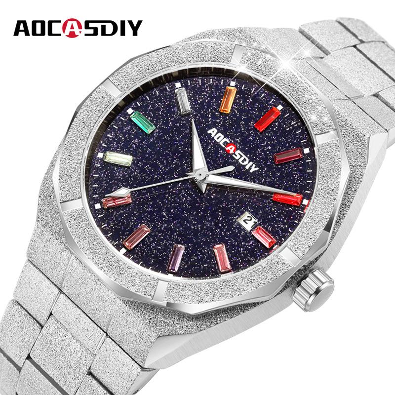 aocasdiy watch men's fashion luxury diamond starry quartz watch waterproof steel belt men's watch amazon hot