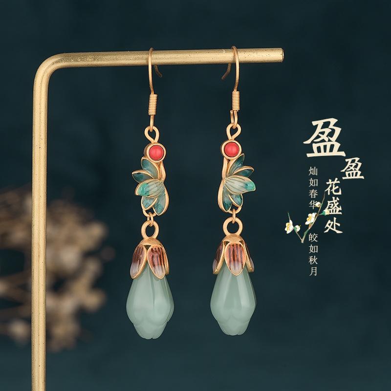 ale yuan national fashion vintage jewelry enamel niche 925 silver ear studs magnolia imitation hetian jade antique earrings