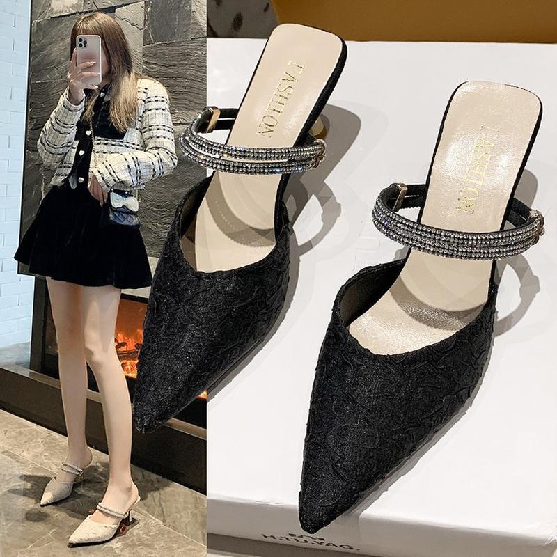 half slippers high heels elegant 2024 new rhinestone two-way sandals fairy style slippers women's summer outdoor wear ins fashion