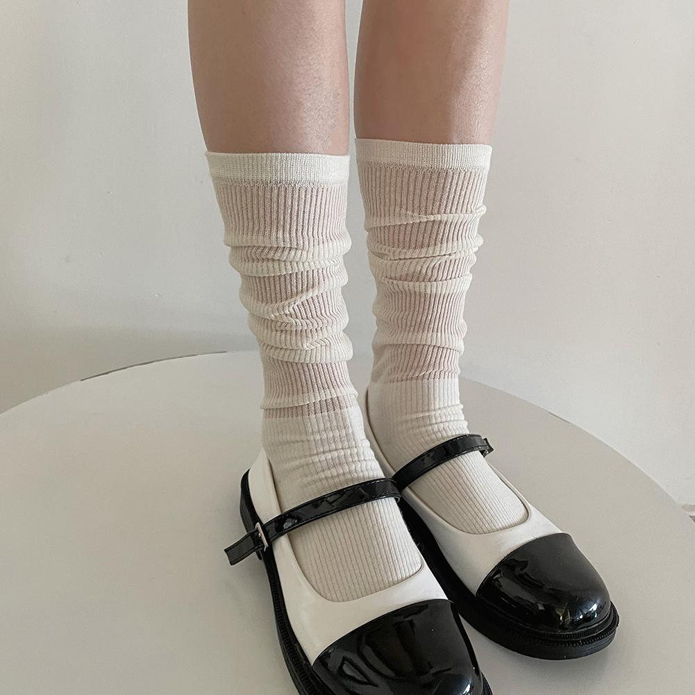 spring and summer patchwork knitting bunching socks women's milky white miu style ins trendy socks model style thin transparent calf socks