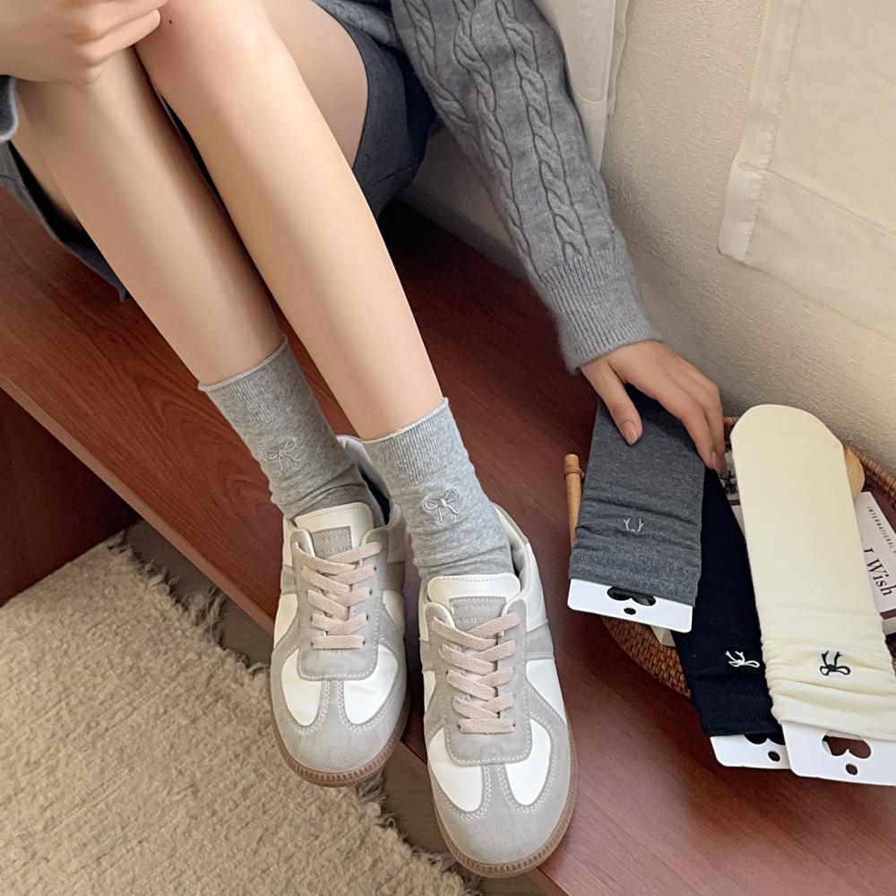 zhuji socks women's autumn new bunching socks white bow gray tube socks miu style long socks cotton socks