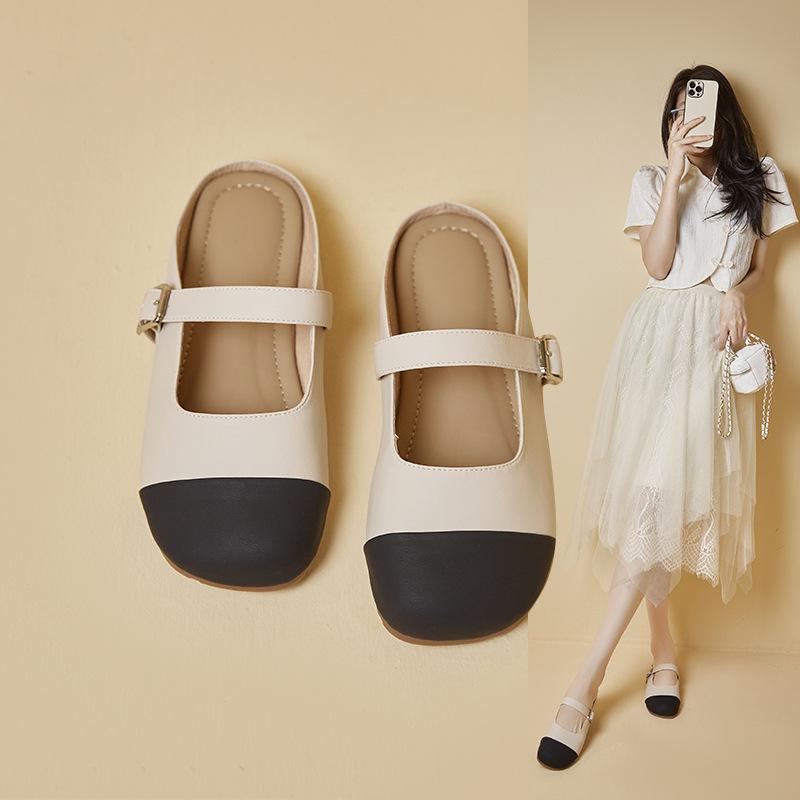 slip-on authentic leather toe box half slippers female 2024 new summer color matching flat bottom explosion models birkenstock female outdoor sandals