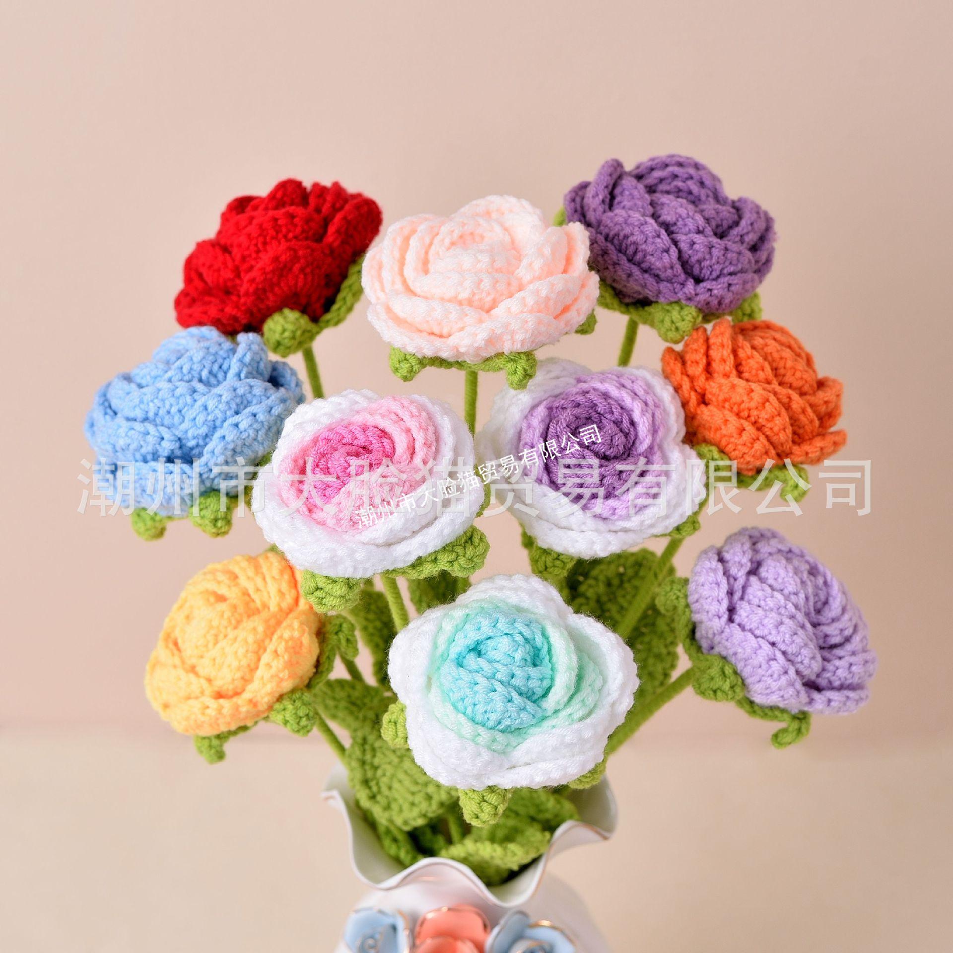 Finished Hand-Woven Rose Artificial Flower Woven Handmade Flowers DIY Wool Woven Homemade Crochet Bouquet