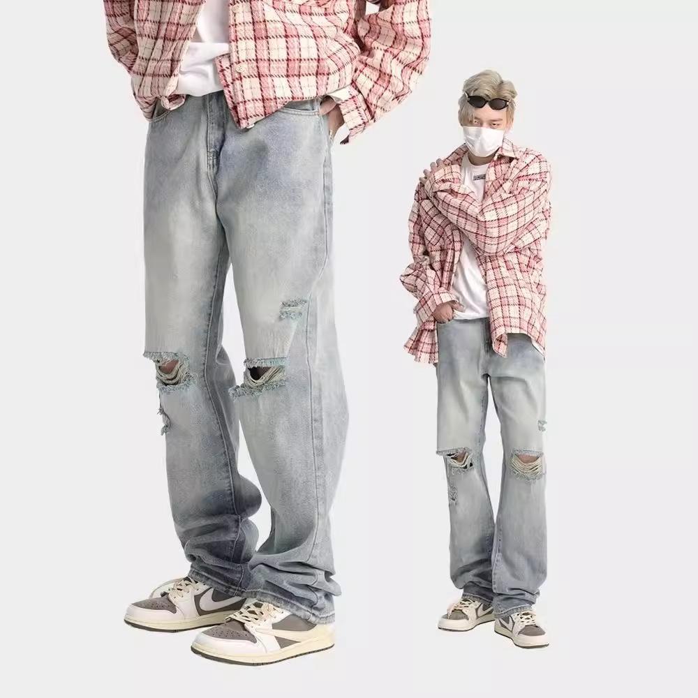 2024 American Straight Wide Leg Ripped Jeans Men's and Women's Casual Pants Baggy Pants Trendy Ins High Street Retro Trousers