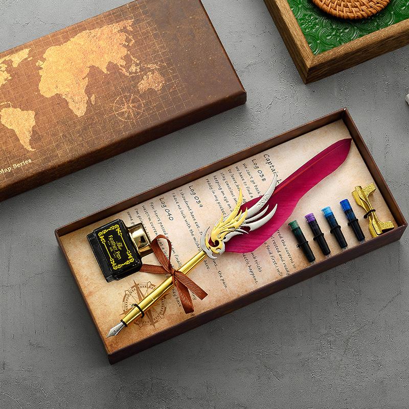 new feather pen in stock wholesale ink storage metal roller pen european retro feather water pen suit