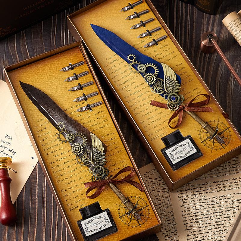 european retro feather pen dipped in water pen good-looking mechanical punk gift box wax seal birthday gift