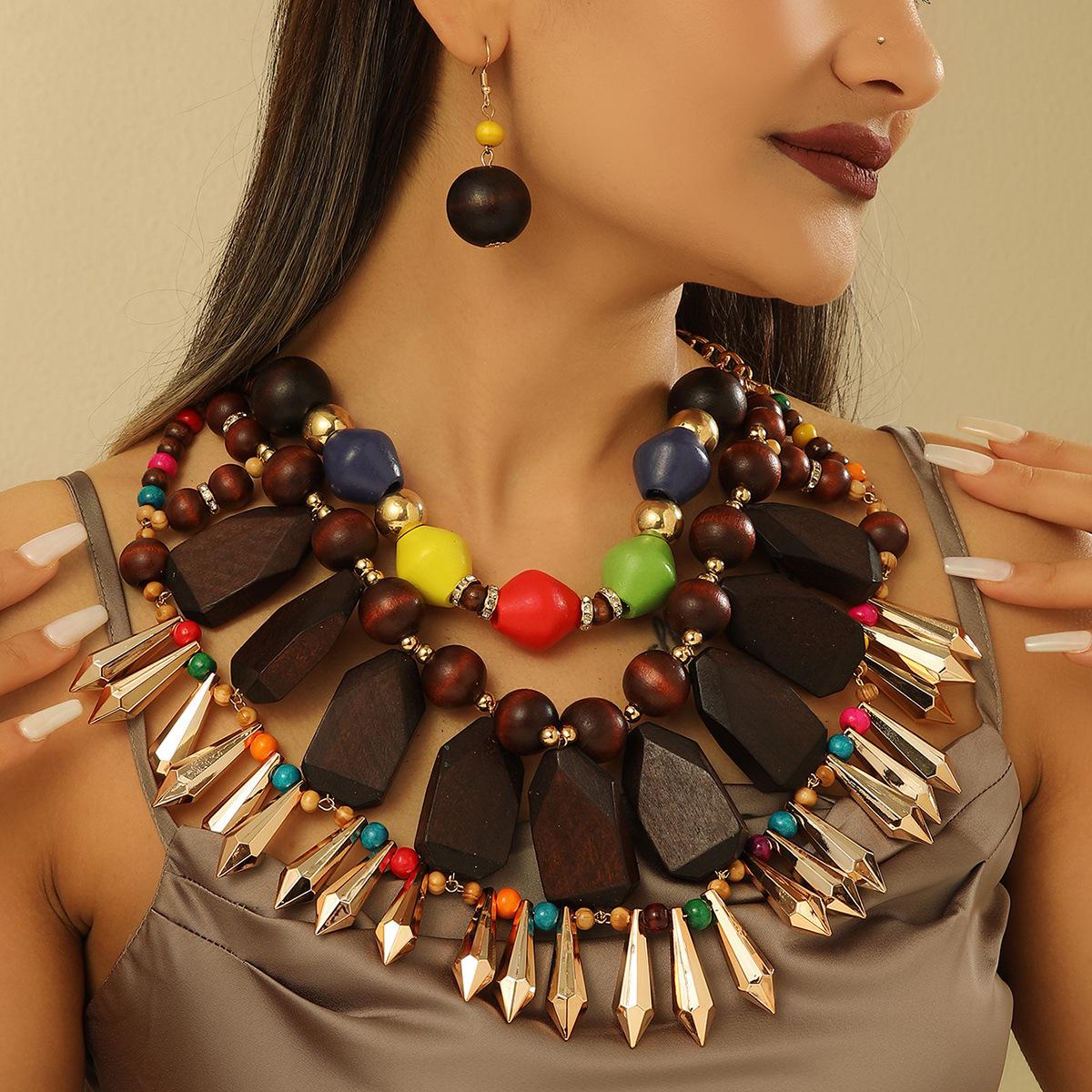 mid-ancient high-end exaggerated necklace earrings indian wood block rivet necklace necklace cross-border sold jewelry necklace