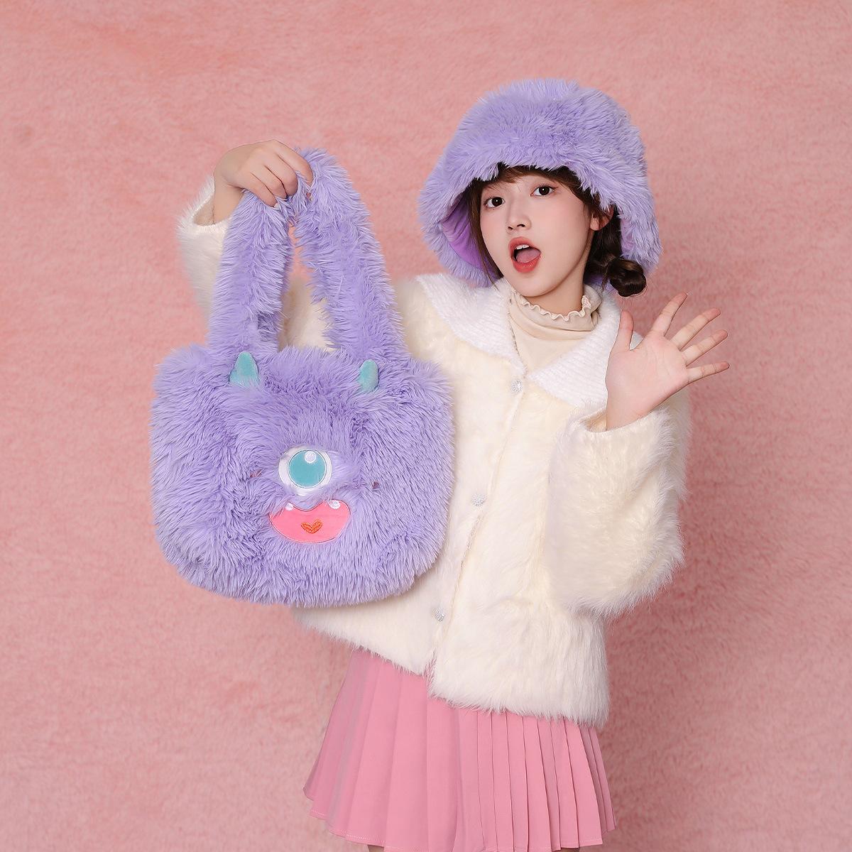 monster handbag high-grade shoulder bag women's plush pouch funny bag long fur women's bag niche cartoon in stock wholesale