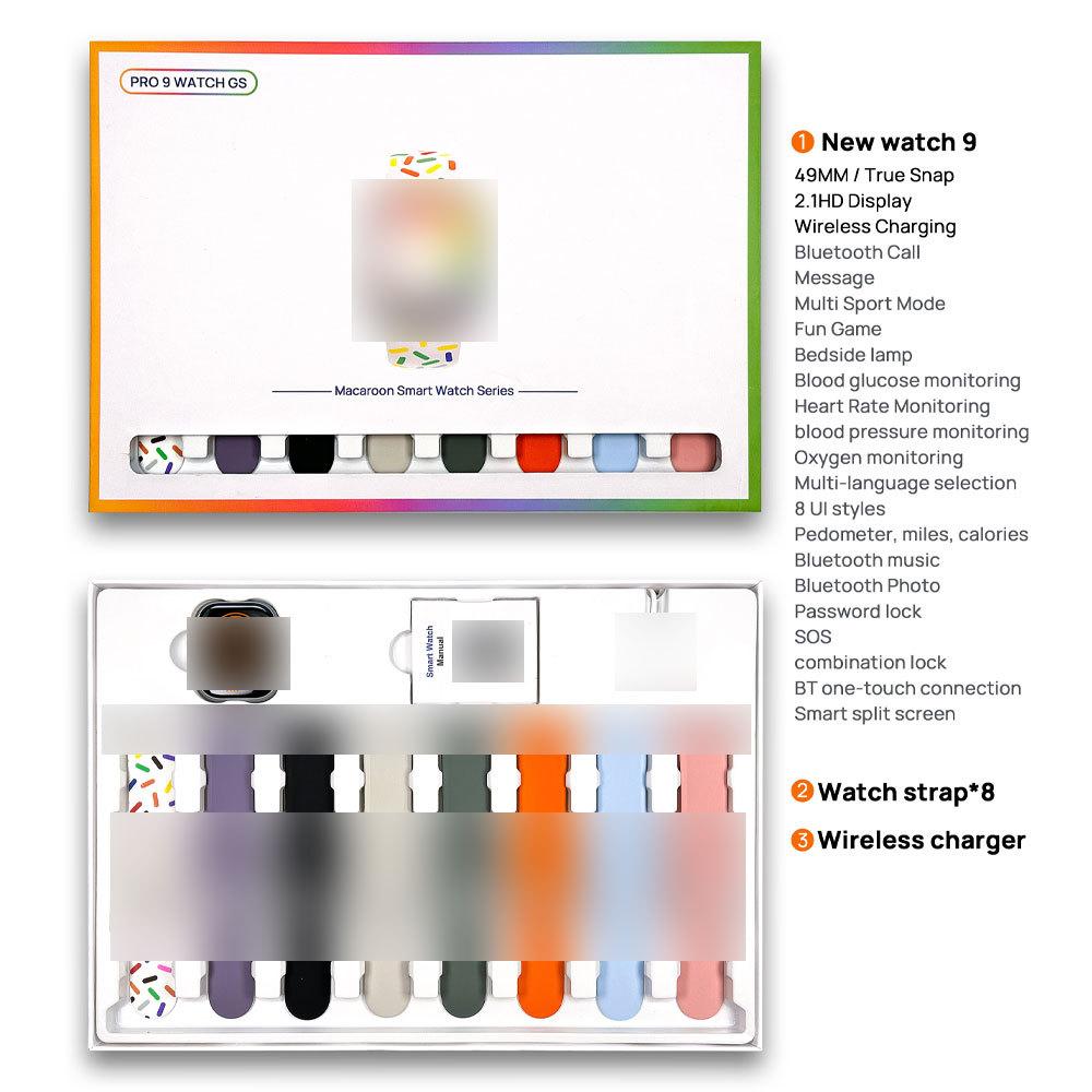New Pro 9 Watch Gs Macaron 8+1 Set Real Buckle Wireless Charger Game Hd Smart Watch