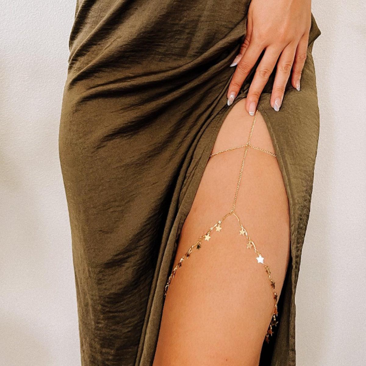 european and american sexy star thigh chain multi-layer metal chain decoration summer beach women's body jewelry chain