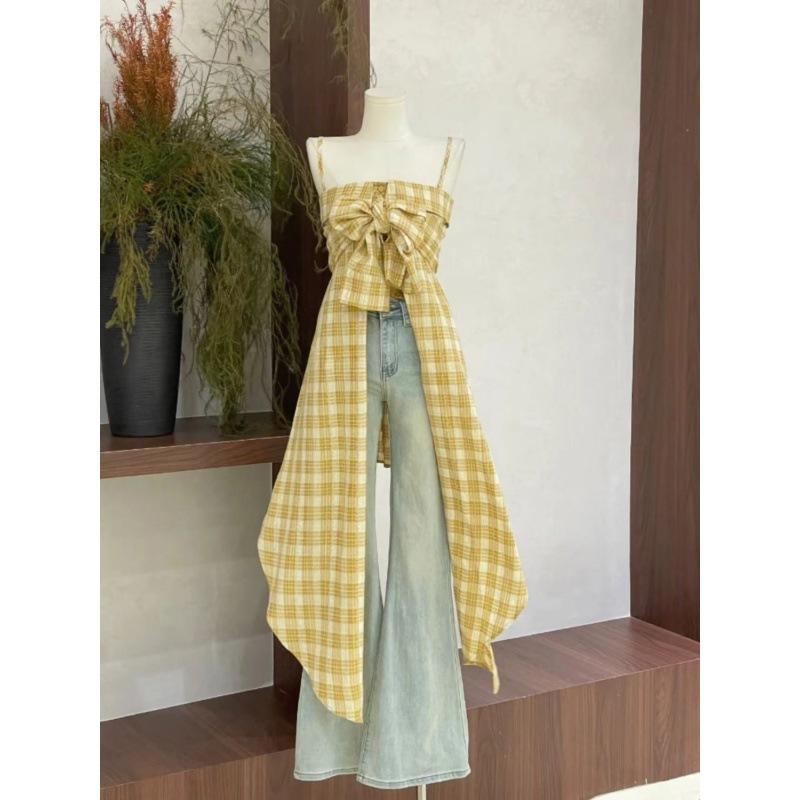 summer 2024 new design sense sleeveless plaid tube top irregular spaghetti-strap dress high waist jeans suit