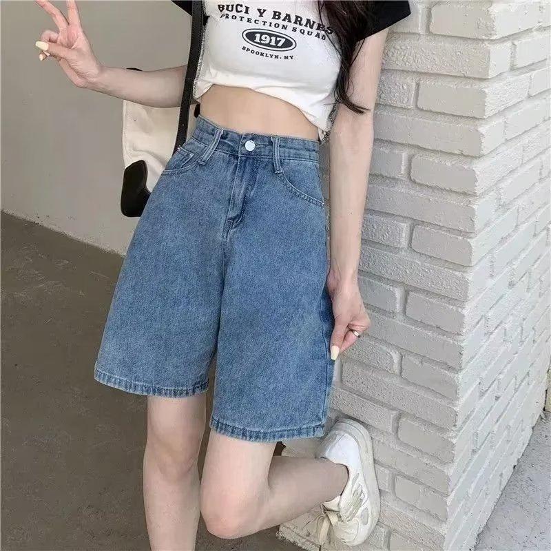jeans shorts women's summer pirate shorts middle pants high waist wide leg pants small straight chic hong kong style pants tide