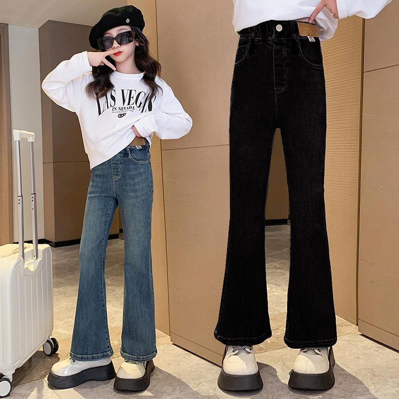 girls' autumn and winter jeans trousers western style children's bell-bottom pants waist labeling children's velvet pants children's clothing
