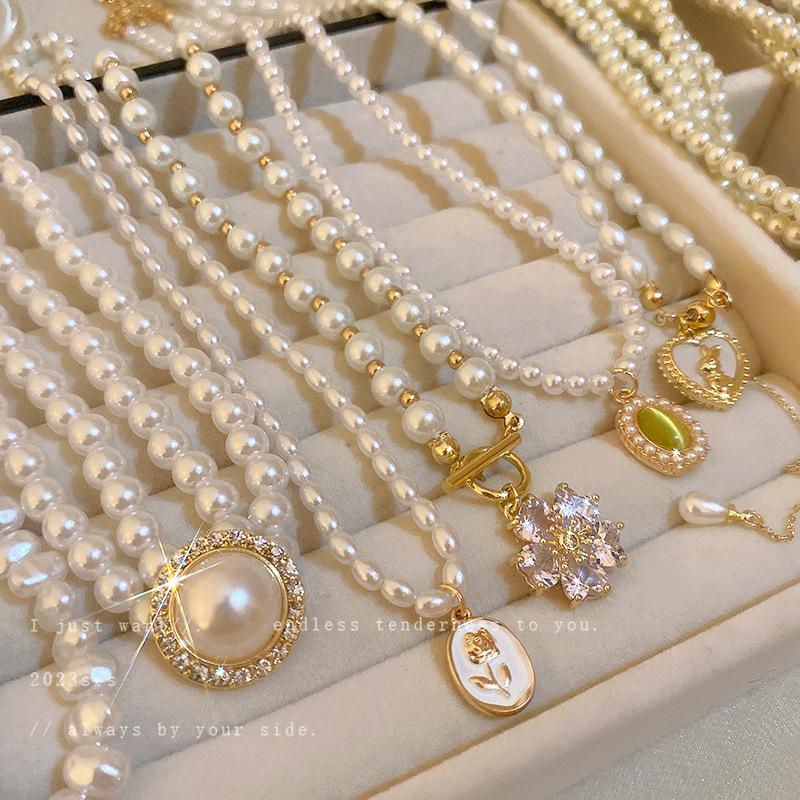 french style retro diamonds pearl flower love opal necklace affordable luxury fashion clavicle chain high sense necklace women