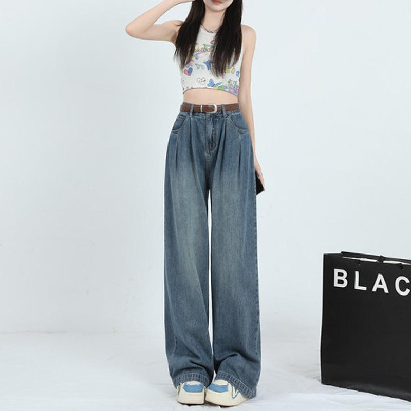 popular korean style wide-leg jeans women's autumn and winter high waist loose pleated mop pants fleece padded jeans women's autumn and winter
