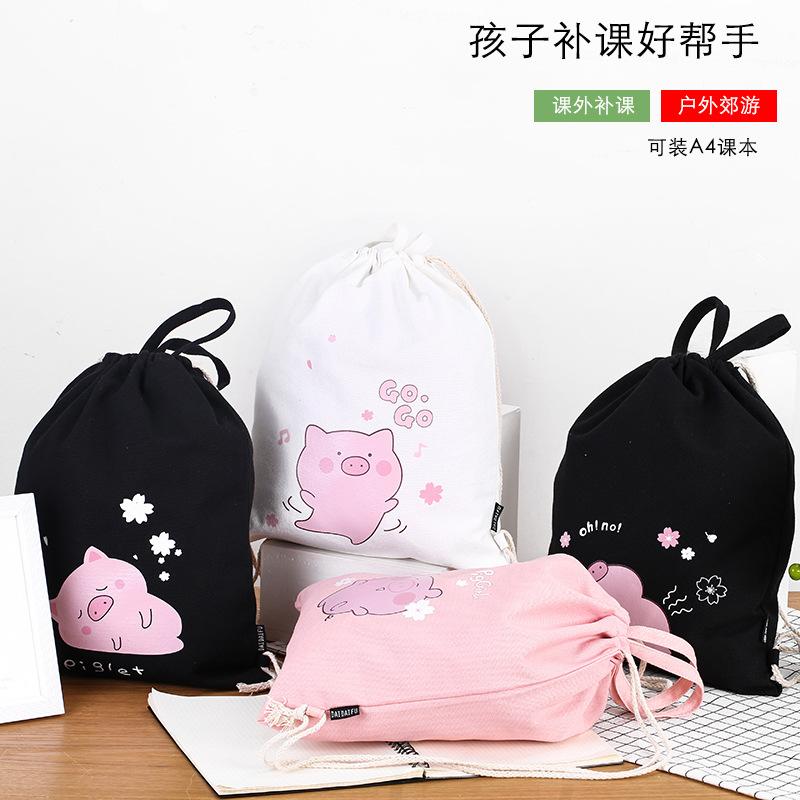 Canvas Pouch Backpack Drawstring Bag Shopping Travel Woven Handbag Primary School Student Fashion Printing Tuition Bag