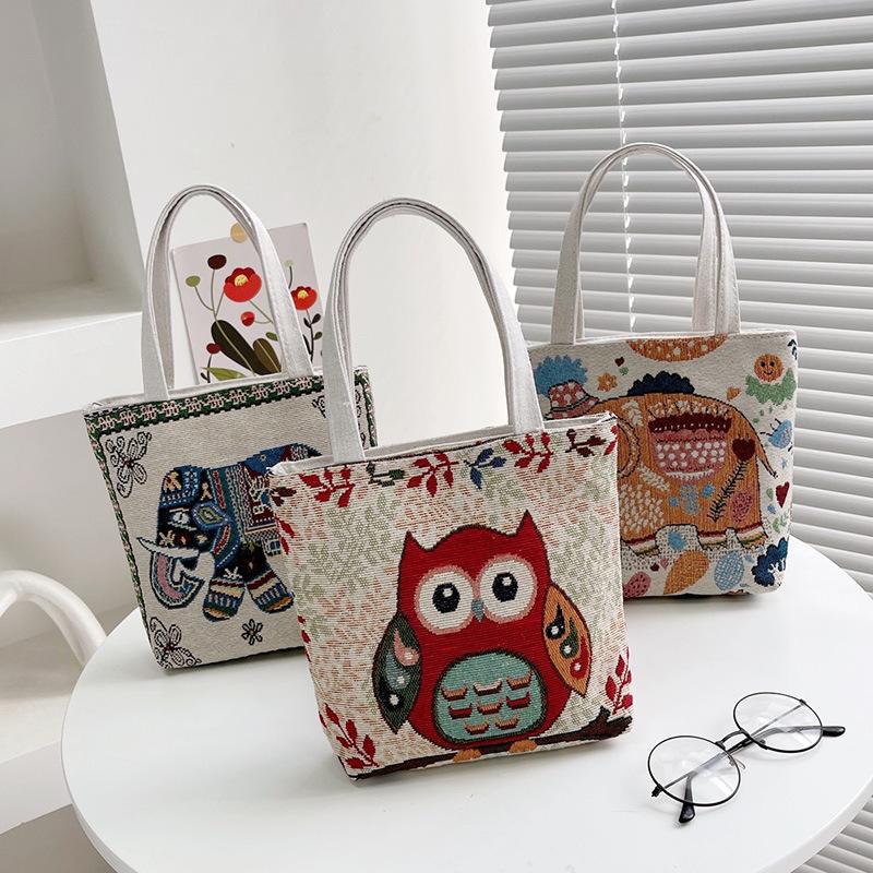canvas bag ethnic style tote bag double-sided jacquard embroidery cartoon shopping bag handbags for moms