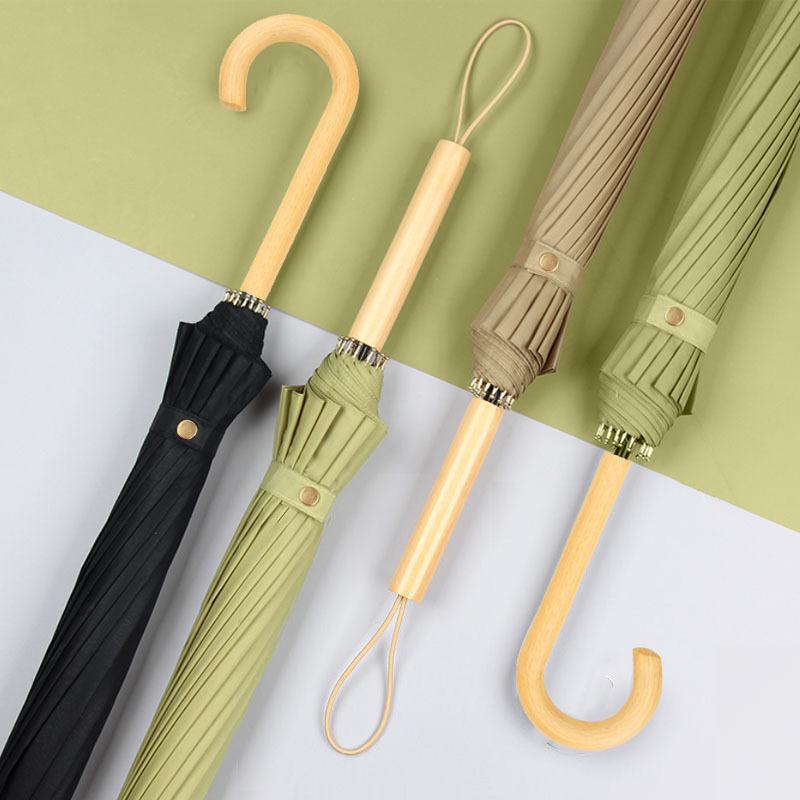Long Handle 16 Framework Umbrella Self-Opening Umbrella Reinforced Simple and Fresh Wooden Handle Wholesale Sunny Umbrella Advertising Umbrella Printed Logo