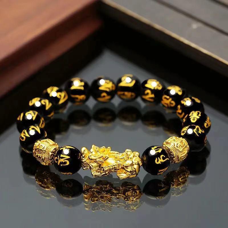 imitation obsidian gilt pixiu bracelet six words mantra color retention golden balls bracelet ornament men