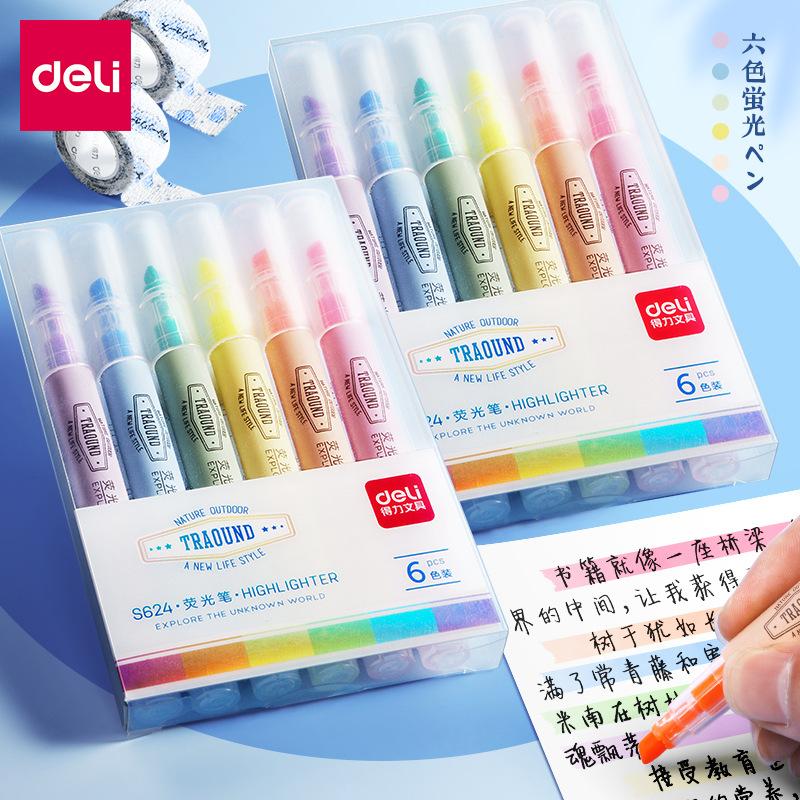 deli fluorescent pen single-head fluorescent marker student review key light color large capacity notebook special pen