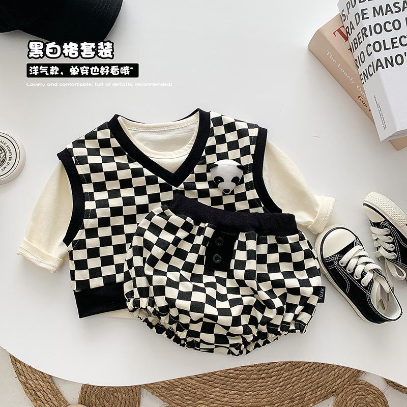 korean style online celebrity baby clothes chessboard plaid split suit spring and autumn korean style cute super cute baby clothes three-piece set