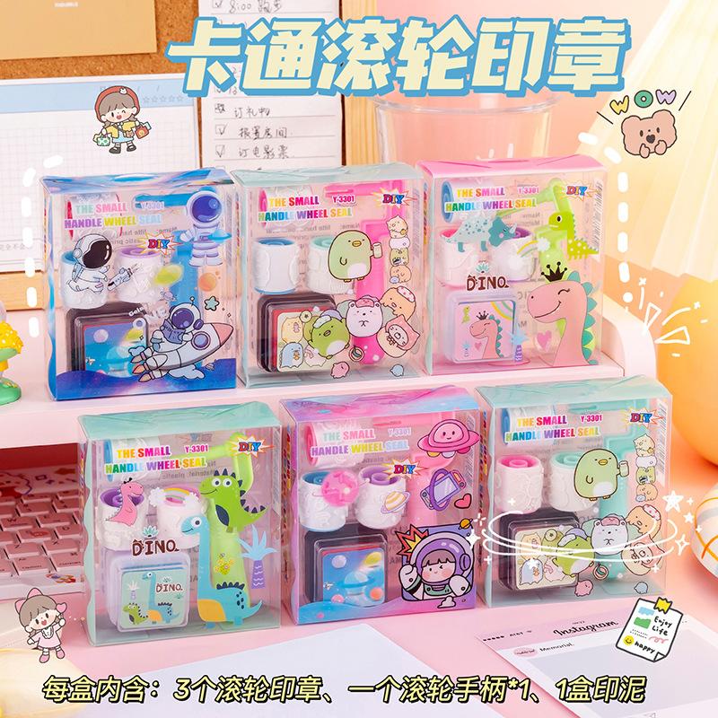 cute dyi cartoon animal roller seal with inkpad student kindergarten children's prizes stationery seal gift