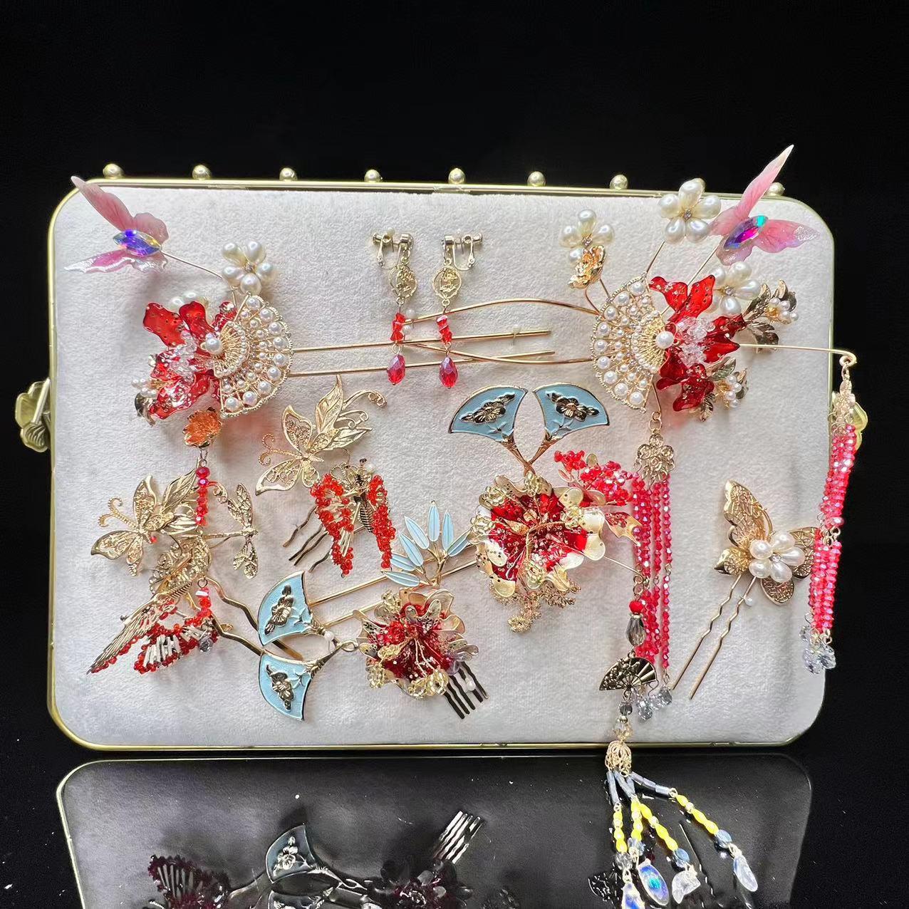 New Simple Red Xiuhe Headdress Ancient Style Dangling Ornament Tassel Hairpin Bride Wedding Jewelry Dragon and Phoenix Crystal Hair Csp